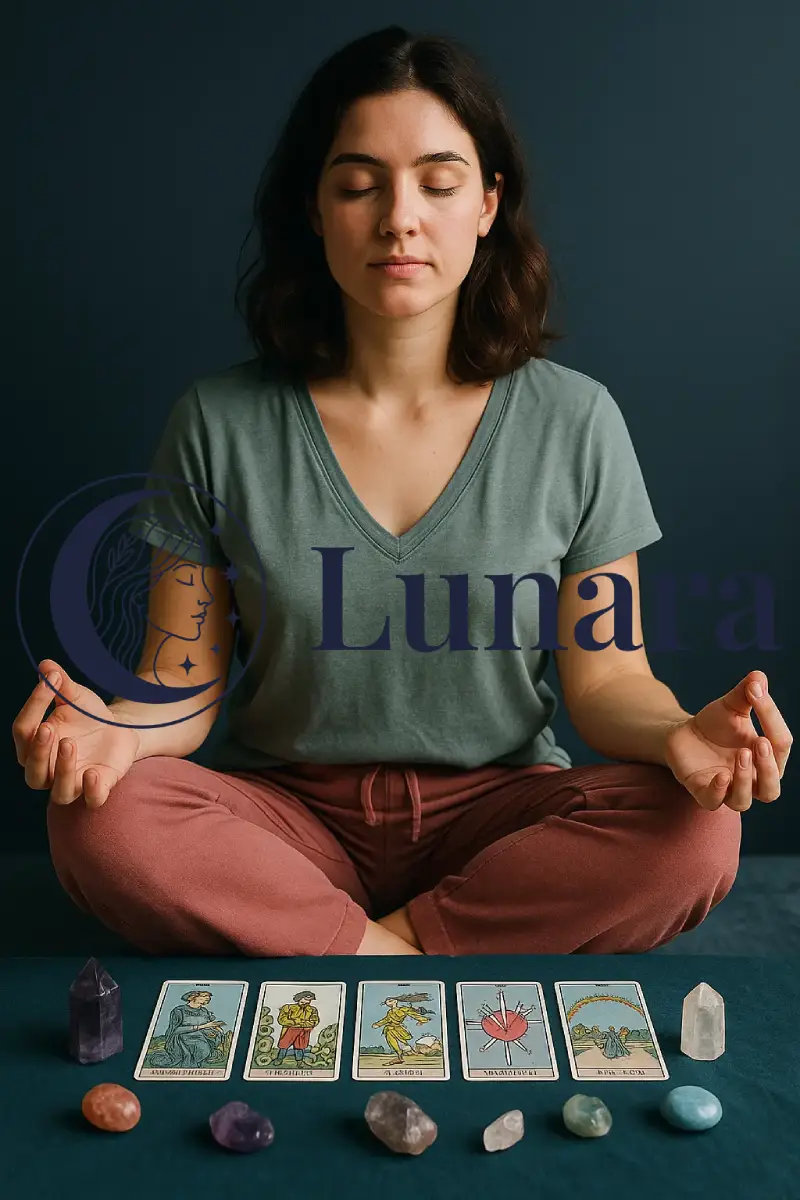 Mujer meditando con cartas de tarot y cristales